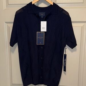 Marc Asher Navy Short-Sleeve Knit Cardigan Shirt